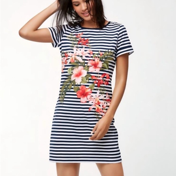 Tommy Bahama Dresses & Skirts - Tommy Bahama Navy and White Striped Dress with Floral Detail